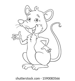 Funny smiling rat. Black and white vector illustration in cartoon style. Isolated on white background. For coloring book.