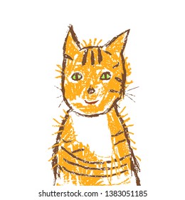 Funny smiling red cat. Crayon, pastel chalk or pencil artistic stroke. Like child's hand drawing. Vector kid`s style isolated doodle kitten pet.
