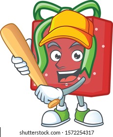 Funny smiling red gift box cartoon mascot playing baseball