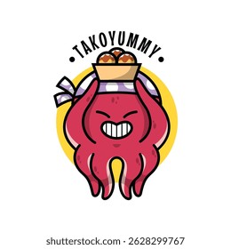 ENGRAÇADO SORRIDENTE POLVO VERMELHO ESTÁ SEGURANDO UMA CAIXA DE TAKOYAKI DESENHO ANIMADO LOGO
