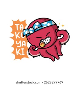 ENGRAÇADO SORRIDENTE POLVO VERMELHO ESTÁ SEGURANDO TAKOYAKI LOGOTIPO DE DESENHO ANIMADO