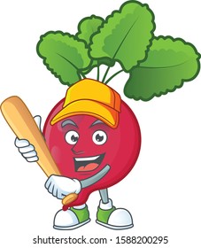 Funny smiling red radish cartoon mascot with baseball