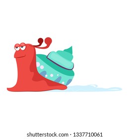 Funny smiling red slug with blue cochlea flat icon. Book character, pet, slime. Mollusk concept. Vector illustration can be used for topics like zoology, nature, fauna