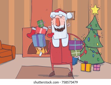 Funny smiling Santa Claus brings gifts in colorful boxes. Christmas decorated room with fireplace, stockings and christmas tree. Horizontal vector illustration. Cartoon character.