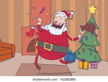 Funny smiling Santa Claus brings gifts and throws candies in the air Christmas decorated room with a fireplace and christmas tree. Horizontal vector illustration. Cartoon character.