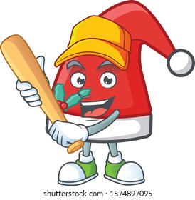 Funny smiling santa claus hat cartoon mascot playing baseball