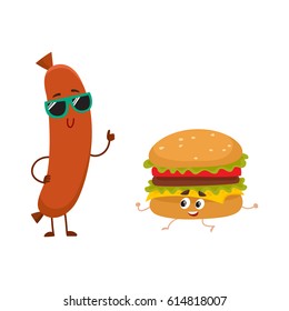 Funny smiling sausage and hamburger characters in sunglasses showing thumb up, fast food concept, cartoon vector illustration isolated on white background. Sausage and hamburger characters, mascots