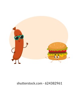 Funny smiling sausage and hamburger characters in sunglasses showing thumb up, fast food concept, cartoon vector illustration with space for text. Sausage and hamburger characters, mascots
