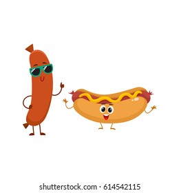 Funny smiling sausage and hotdog characters in sunglasses showing thumb up, fast food concept, cartoon vector illustration isolated on white background. Sausage and hotdog characters, mascots