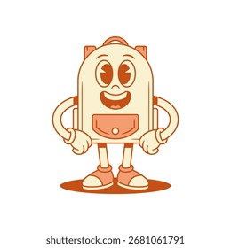 Funny smiling schoolbag back to school cartoon character isometric vector illustration. Happy cheerful backpack bag pupil education studying minimalist mascot standing friendly positive emotion