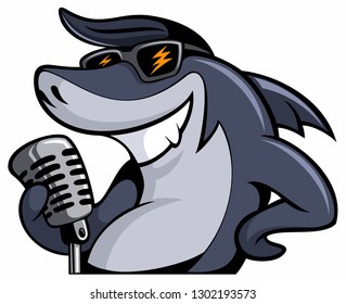 Funny, smiling shark cartoon character with the vintage microphone, sunglasses and the fifties style haircut, vector cartoon logo.