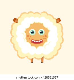 Funny smiling sheep. Cartoon character. Vector illustration