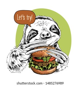 Funny smiling Sloth with a Burger. Let's try - lettering quote. Humor card, t-shirt composition, hand drawn style print. Vector illustration.