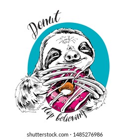 Funny smiling Sloth with a pink Donut on a blue background. Humor card, t-shirt composition, hand drawn style print. Vector illustration.