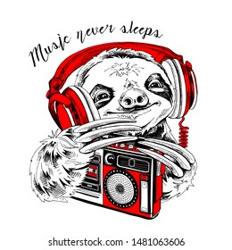 Funny smiling Sloth in a red headphones with a retro Audio Tape Recorder. Music never sleep - lettering quote. Humor card, t-shirt composition, hand drawn style print. Vector illustration.