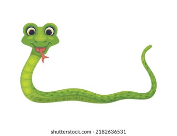 Funny smiling snake friendly childish character, flat cartoon vector illustration isolated on white background. Green cheerful snake for children prints.