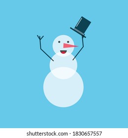 funny smiling snowman taking off his black topper hat, greeting smowman, Christmas and winter joy, flat design