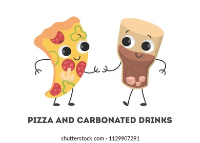 Funny smiling soda drink and pizza slice characters with faces are the best friends standing together. Fast food concept. Isolated vector illustration in cartoon style