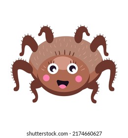 Funny smiling spider flat icon. Cartoon cute caterpillar, fly, beetle, butterfly, snail, spider isolated vector illustration. Nature and insect