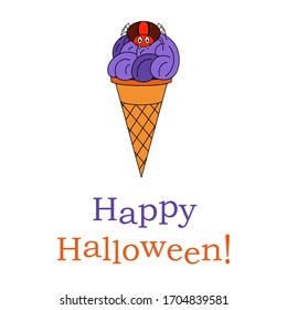 A funny smiling spider sits on an ice cream. Halloween concept with cartoon red spider. Happy Halloween text. Flat vector illustration. Design for Halloween card, invitation.