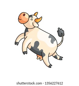 Funny smiling spotted cow with eyes closed dreaming isolated on white