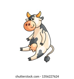 Funny smiling spotted cow sitting and listening isolated on white