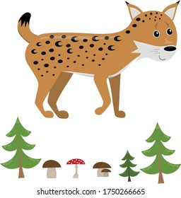 ciervo parado sonriente gracioso de lado con elementos forestales (árbol, seta) aislados en fondo blanco, linda ilustración vectorial para niños