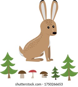 funny smiling standing hare from side with forest elements (tree, mushroom) isolated on white background, cute vector illustration for children