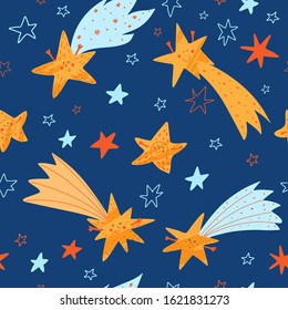 Funny smiling stars and comets in space. Seamless vector pattern for kids. Galaxy, universe. Cosmos background. Funny cartoon illustration.