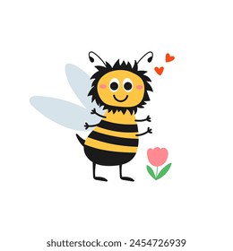 Funny smiling striped bumblebee with flower and hearts isolated on white background. Kids illustration in vector.