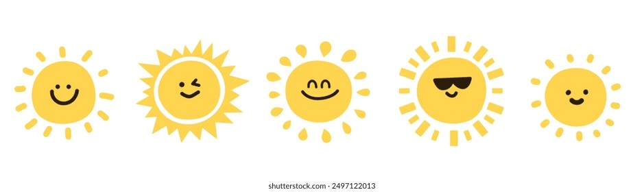 Lustige lächelnde Sonnenkollektion, verschiedene Emotionen, flache einfache Vektorgrafik. Niedlicher Sommer Sonnenschein Emoji Sammlung, Doodle-Stil