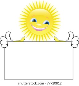 funny smiling sun keeps in hand a large white poster