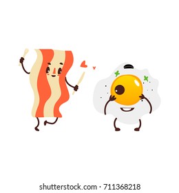 Funny smiling sunny side up egg and fried bacon character, perfect combination, cartoon vector illustration isolated on white background. Funny fried egg and bacon, two smiling breakfast characters