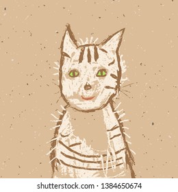 Funny smiling tabby cat on craft paper. Crayon, pastel chalk or pencil artistic stroke. Like child's hand drawing. Vector kid`s style isolated doodle kitten pet.