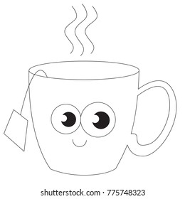 Funny smiling Tea Cup cartoon. Outlined illustration with thin line black stroke