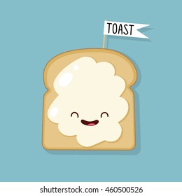 Funny smiling toast with butter. Cartoon vector illustration.