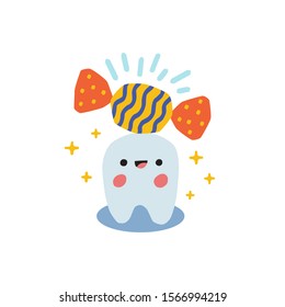 Funny smiling tooth holds a sweet candy. Color vector illustration about the love of sweets.