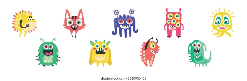 Funny Smiling Toothy Monster Character with Smiling Face Vector Set