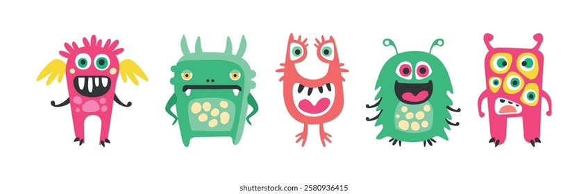 Funny Smiling Toothy Monster Character with Smiling Face Vector Set