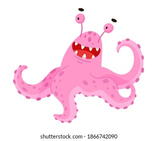 Funny Smiling Toothy Monster with Tentacles Vector Illustration