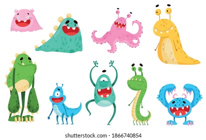 Funny Smiling Toothy Monsters with Horns Vector Set