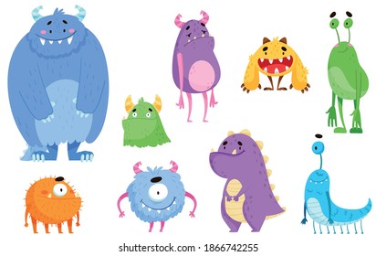 Funny Smiling Toothy Monsters with Horns Vector Set