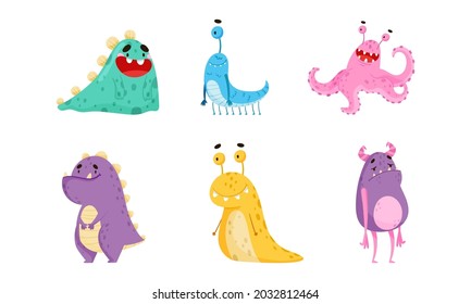 Funny Smiling Toothy Monsters with Horns Vector Set