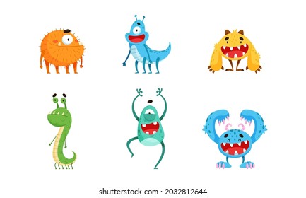 Funny Smiling Toothy Monsters with Horns Vector Set