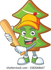 Funny smiling trees cookies cartoon mascot playing baseball