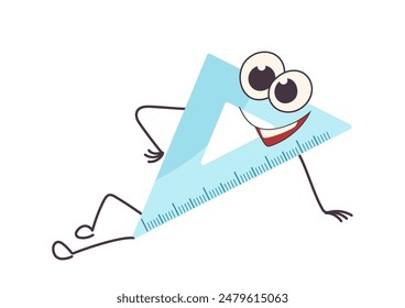 Funny smiling triangle ruler cartoon character isolated on white background, back to school concept