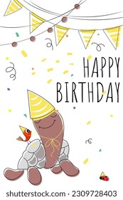A funny smiling turtle with a yellow cap on its head and a bird on its shell rejoices at the holiday. Beautiful birthday card.