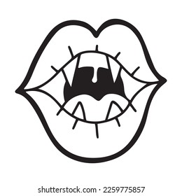 Funny smiling vampire lips with fangs, hand drawn in line style, bold outline, isolated vector illustration 