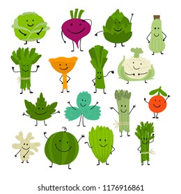 Funny smiling vegetables and greens, characters for your design