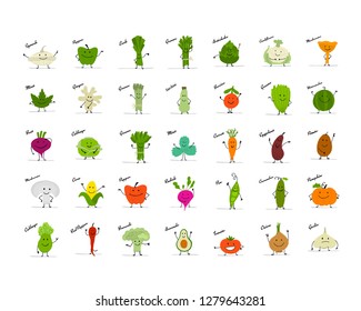 Funny smiling vegetables and greens, characters for your design